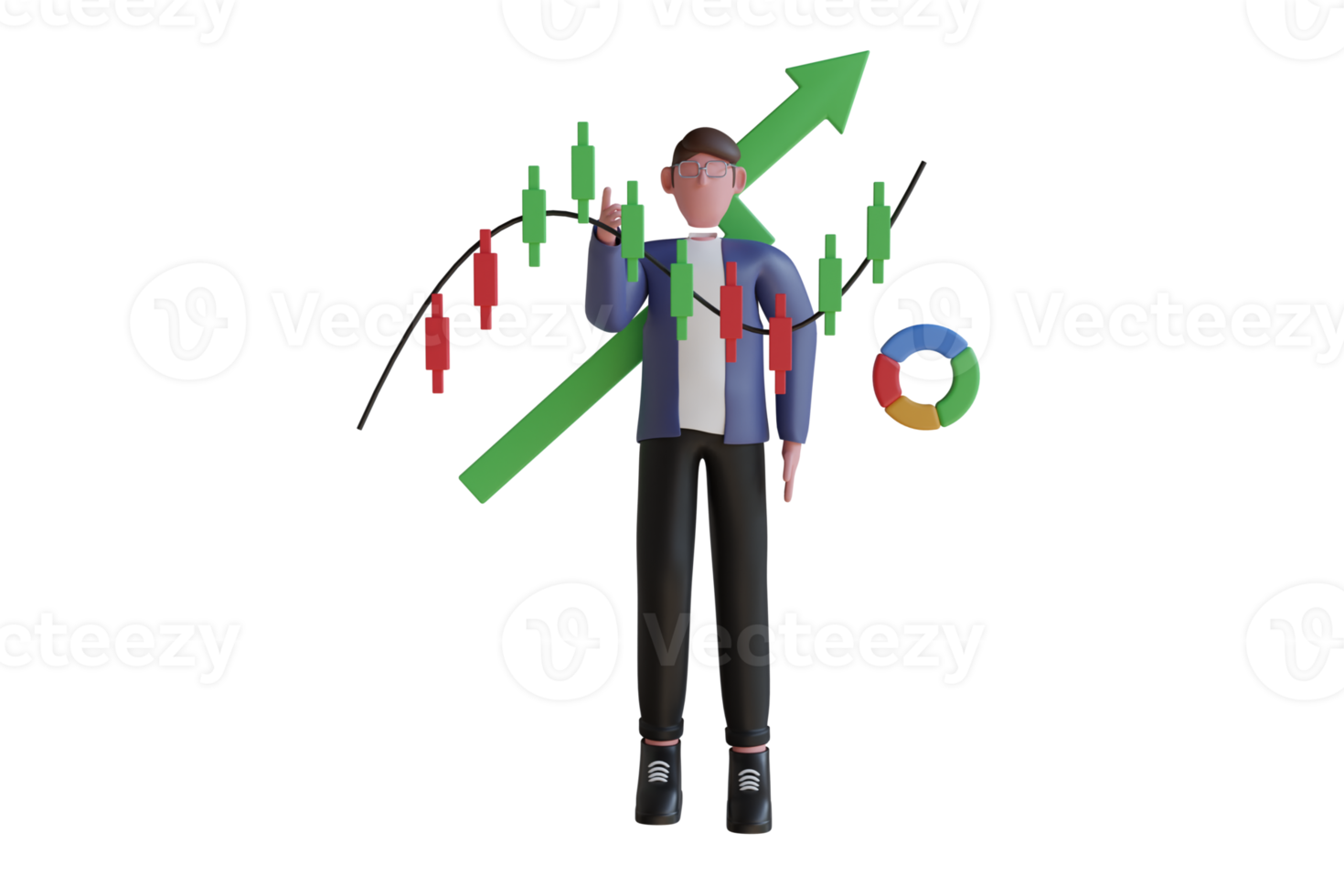 Geschäftsmann Punkte Finger zu 3d Rendern golden Leuchter Bar Diagramm zeigen Wachstum von Geschäft. Geschäftsmann Kauf oder Verkauf Anteile, investieren im Lager Markt von Handy, Mobiltelefon Telefon. 3d Illustration png