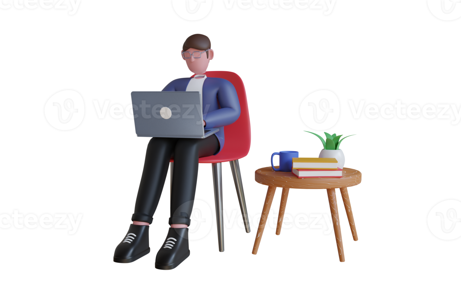 3D Illustration of Businessman working on laptop computer and drinks cofee in office. 3D illustration png