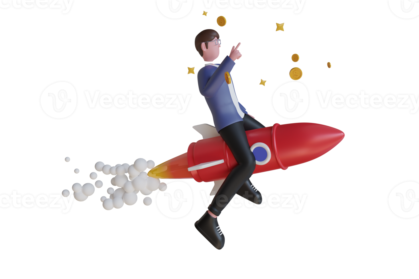 Businessman Flying with a Rocket to Successful. Businessman flying on rocket in business concept. Concept of business startup, launching of a new company. 3D illustration png