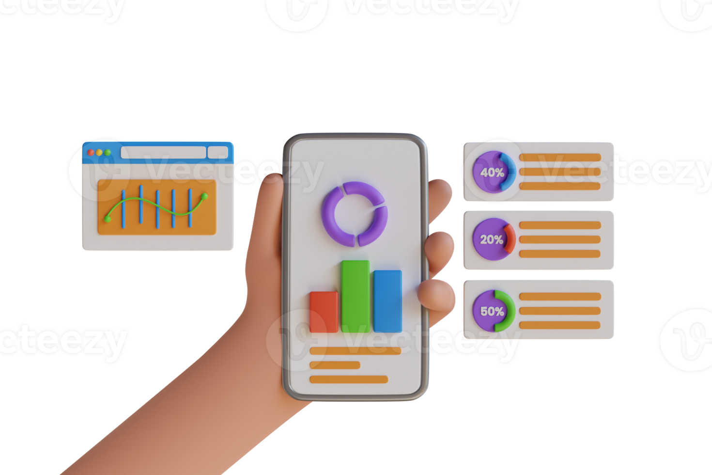 Les données analytique ui tableau de bord conception avec graphique. ensemble de cercle pourcentage diagrammes pour infographies. 3d rendre graphique pourcentage proportion icône. 3d illustration png