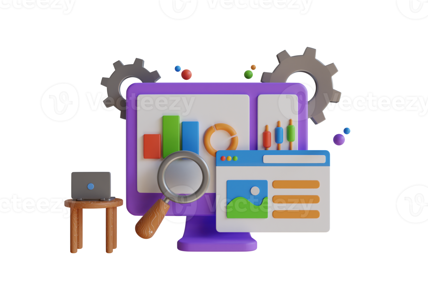 3D design of data analysis magnifier with pie chart. Tools for data analysis, statistical or financial analytics. 3d Illustration png