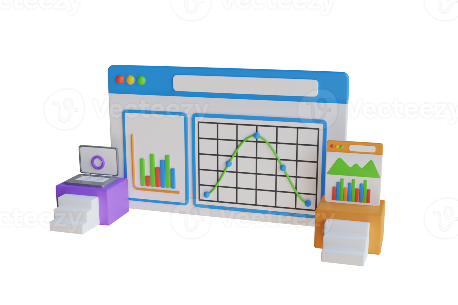 3d automatizzato dati analisi, finanziario previsione, mercato ricerca. concetto con il computer portatile computer, grafici diagrammi, grafici e posto per testo. utensili per dati analisi, statistico o finanziario analitica. png