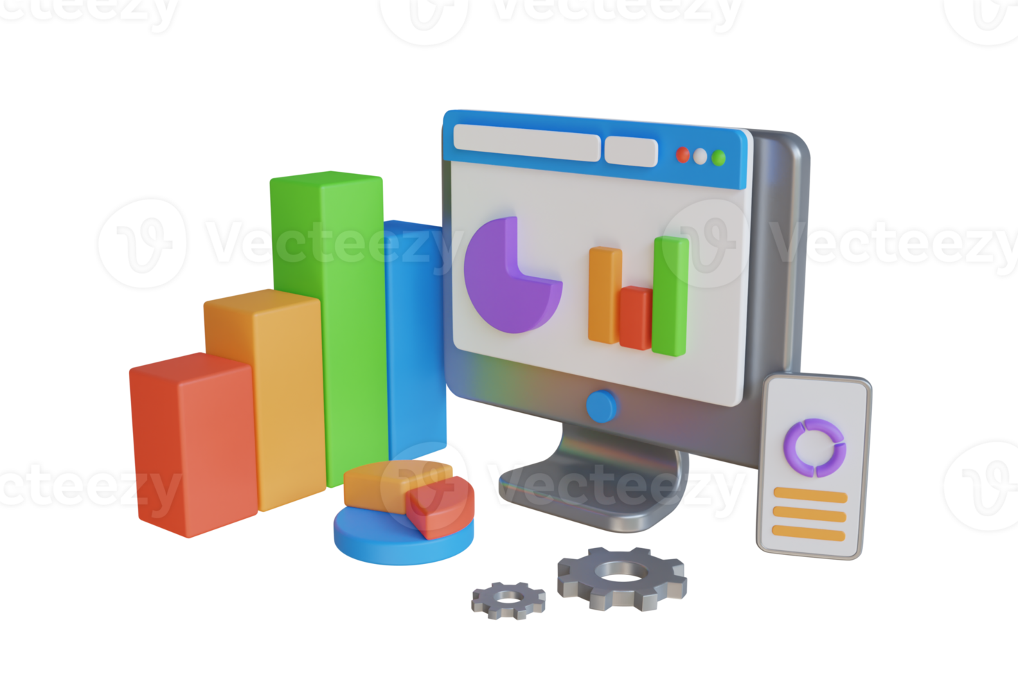 Data Analysis tool for everyone for website and mobile website. Concept with laptop computer, charts diagrams, graphs and place for text. 3d Illustration png