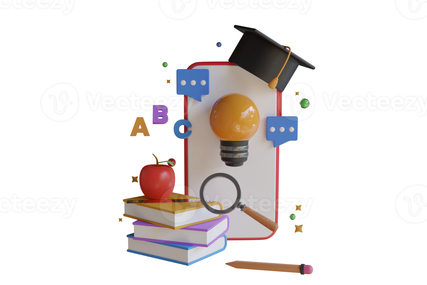 3D Illustration of mobile learning. e-learning and online courses application. Online education technology on smart phone application. 3d illustration png