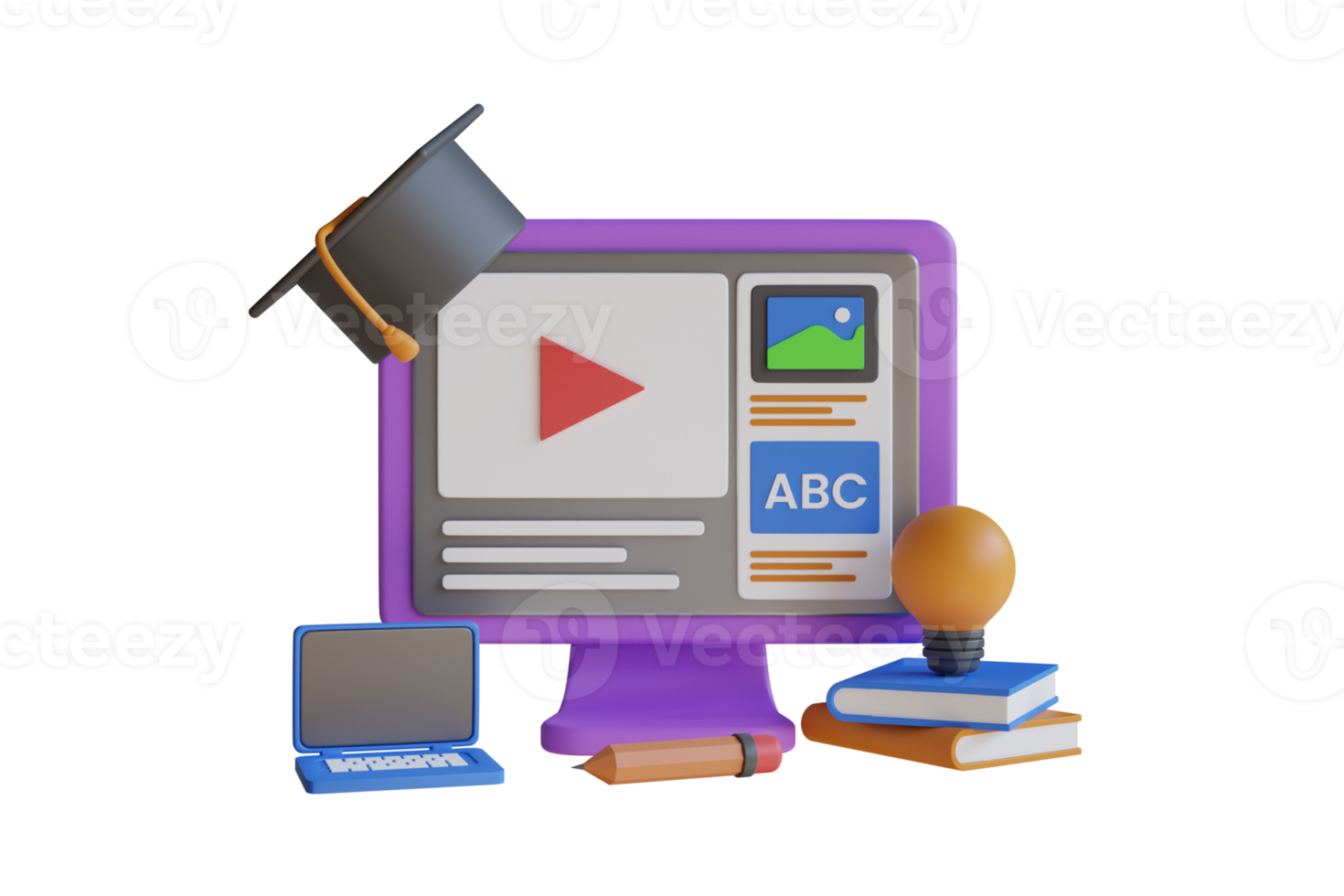 3D Illustration of Online education. online education, webinar, university, school digital classes web background with laptop, books. online video tutorial, e learning, web courses concept. png