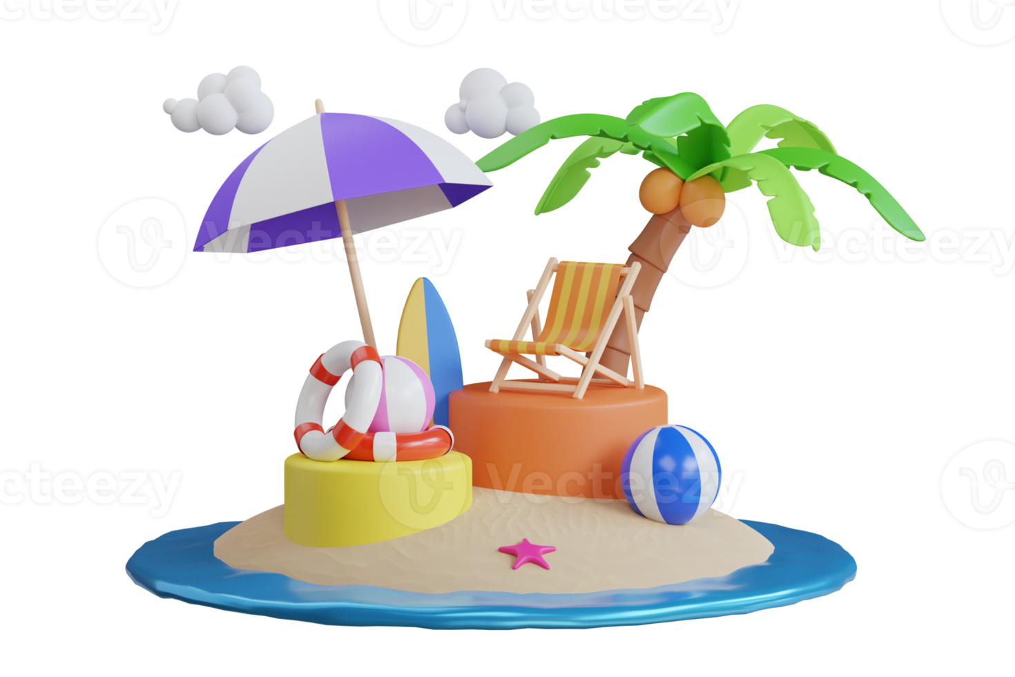 beautiful summer on tropical beach with coconut trees, sun and decorative element. 3d rendering of summer vacation concept. 3d illustration png