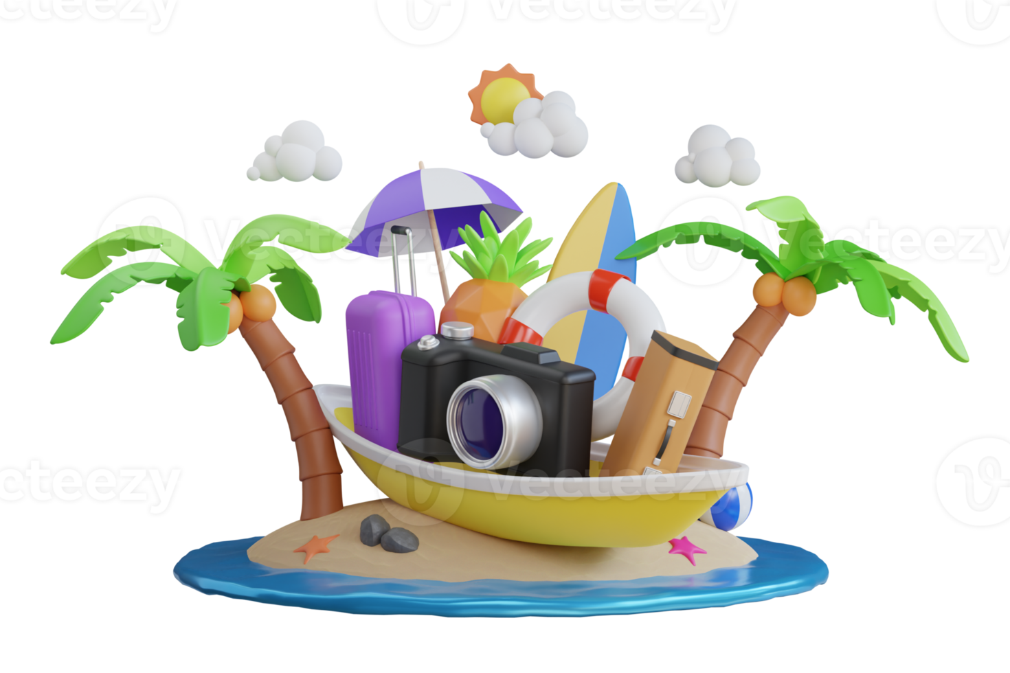 3d rendering of summer vacation concept. colorful summer beach elements. Flamingo inflatable toy, watermelon, palm trees, shell, ball beach. 3d illustration png