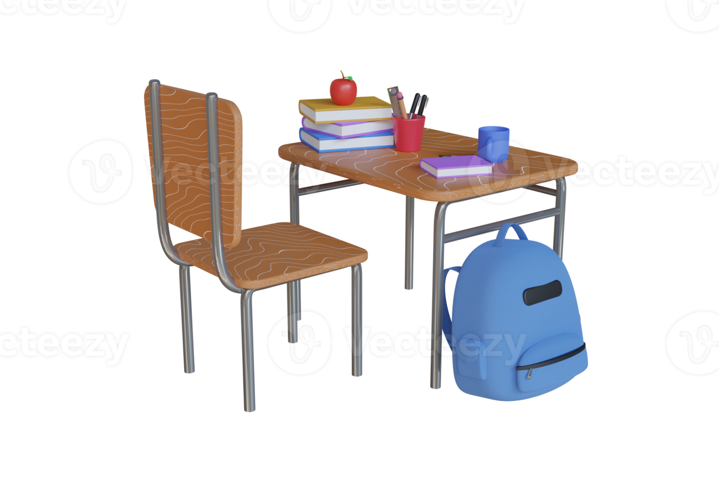 School desk with school accessory and blue backpack 3D Rendering. home learning and study desk with book, pen and school backpack. concept of education and back to school. 3d illustration png
