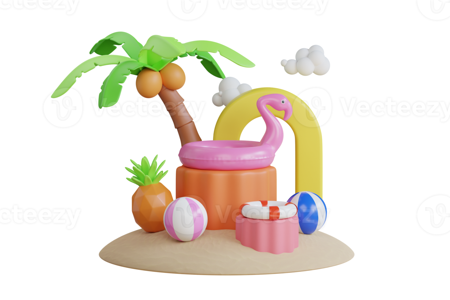 Summer vacation. colorful summer beach elements. Flamingo inflatable toy, watermelon, palm trees, shell, ball beach. 3d illustration png