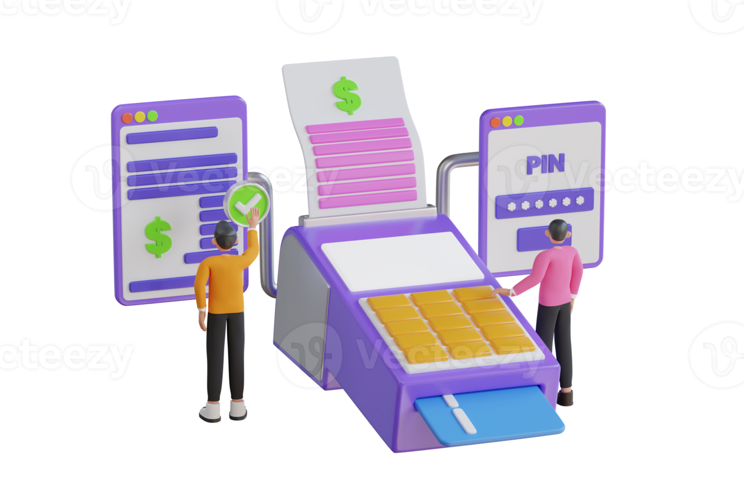 3D Illustration of Payment with EDC machine. Debit card transaction.  customer paying with EDC or swiping machine. buy and sell product or service, 3D illustration png
