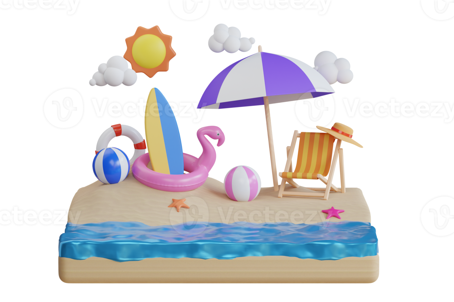 3d renderen van zomer vakantie concept. kleurrijk strand elementen. zomer en reizen vakantie concept met strand stoel en paraplu. 3d illustratie png