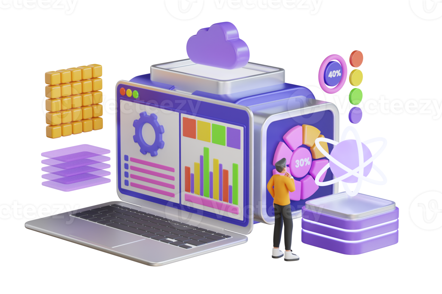 Cloud technologies for download, servers and service. Character staying near control panel and managing files and data on cloud web server. 3D illustration png