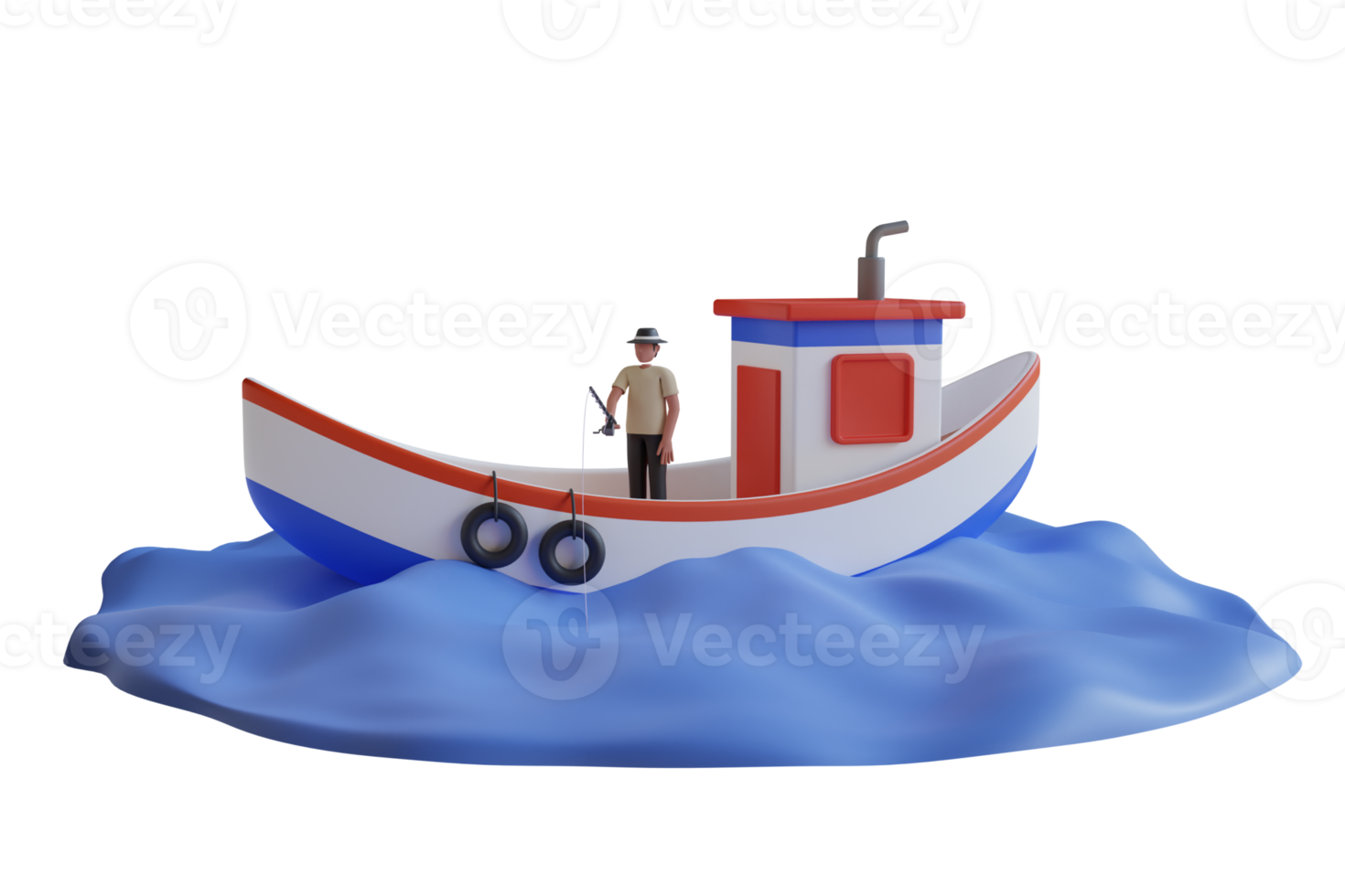 3d illustration de homme pêche sur le bateau. pêcheur dans petit bateau. homme dans chapeau avec pêche barre dans bateau. 3d illustration png