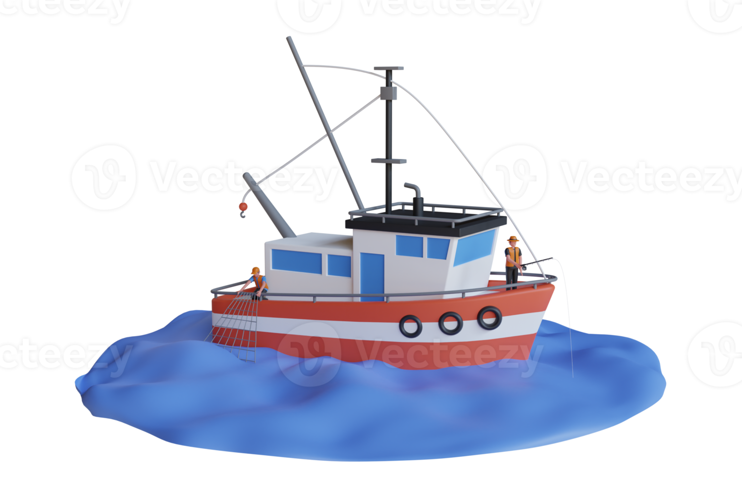 3D Illustration of Man fishing on the boat .catching fish seafood and using net. fishing boat on water disk. Fishing boat and fisherman. 3d illustration png