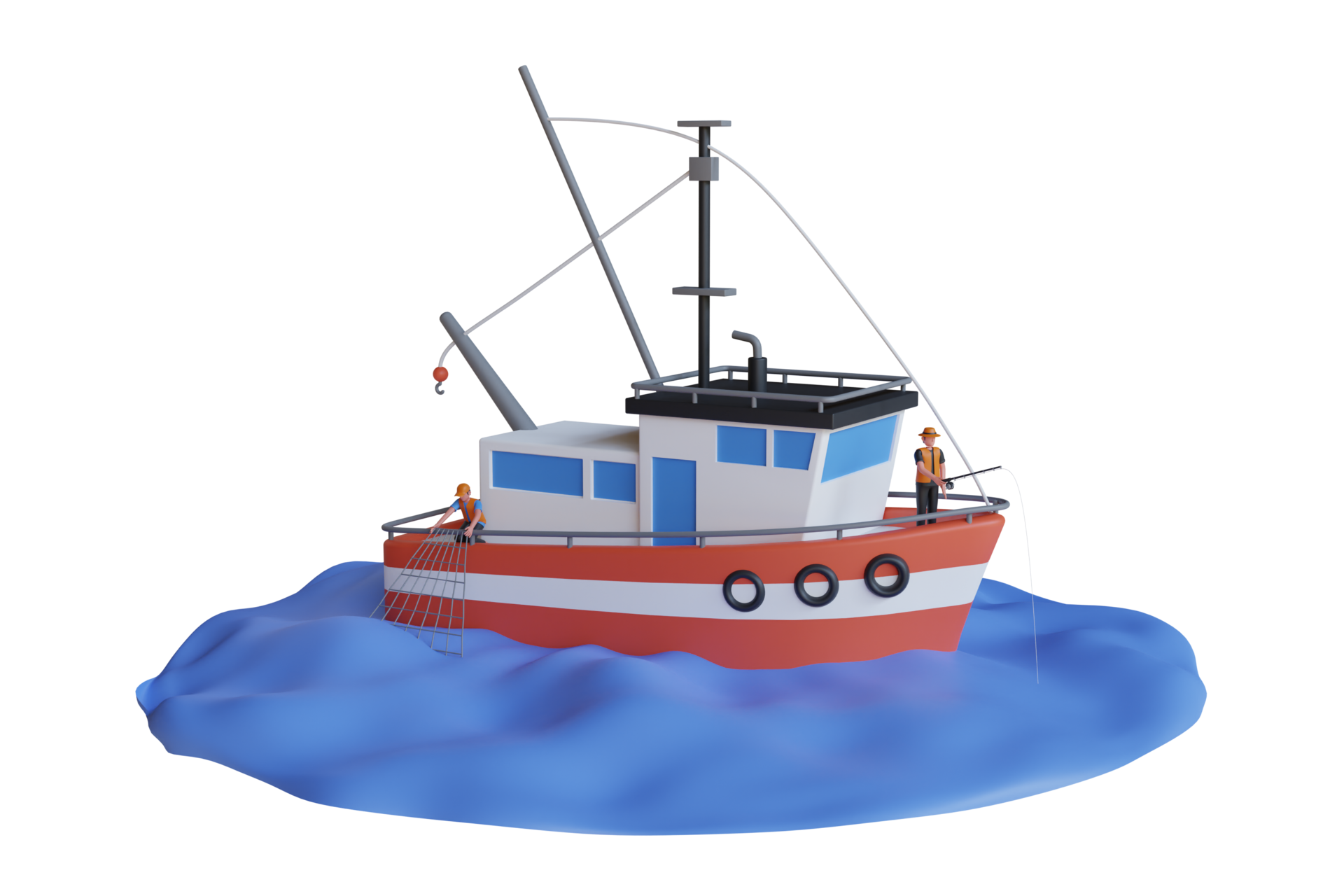 3D Illustration of Man fishing on the boat .catching fish seafood and using  net. fishing boat on water disk. Fishing boat and fisherman. 3d  illustration 21666157 PNG
