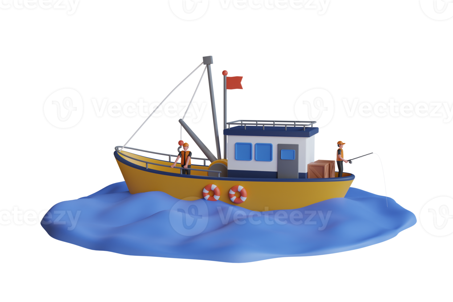 3D Illustration of man fishing on the boat. Fishermans in boat. fishing boat sailing in open waters png