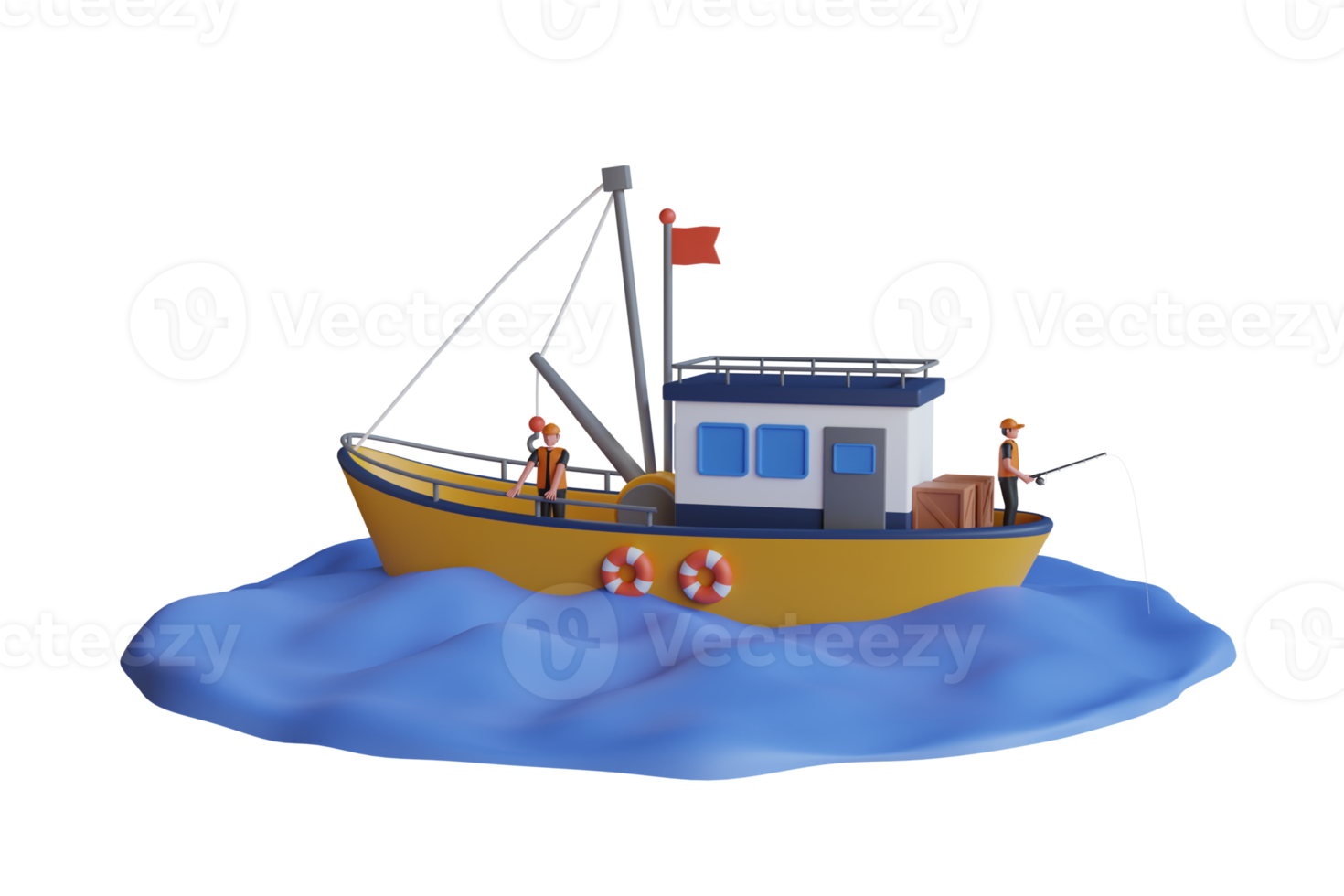 3d illustratie van Mens visvangst Aan de boot. vissers in boot. visvangst boot het zeilen in Open wateren png