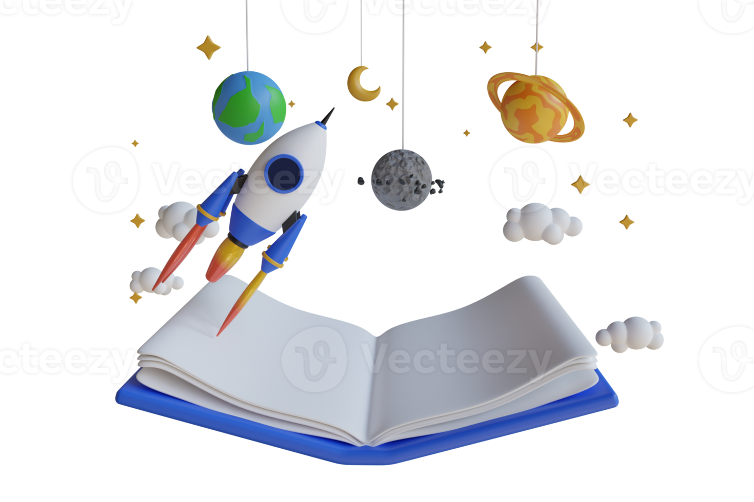 3D llustration of Astronomy Science and Education. A book that has a rocket and a planet on it. Pop up book with rocket in space. 3d Rendering png