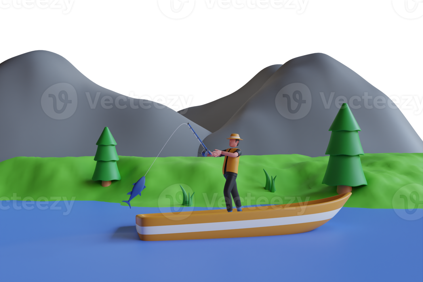 3D Illustration of Man fishing on the boat. fisherman in small boat.  man in hat with fishing rod in boat. 3d illustration png