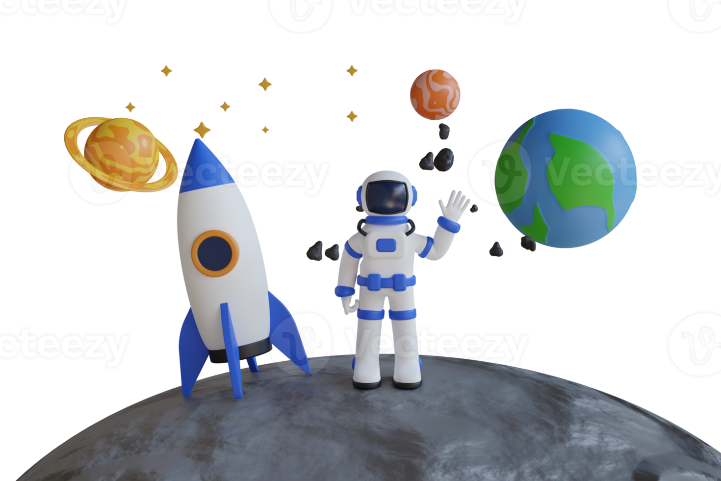 3D Illustration of astronaut on the moon with a rocket and planets in the background. The astronauts are surrounded by space shuttle, rocket ,earth and planets. png