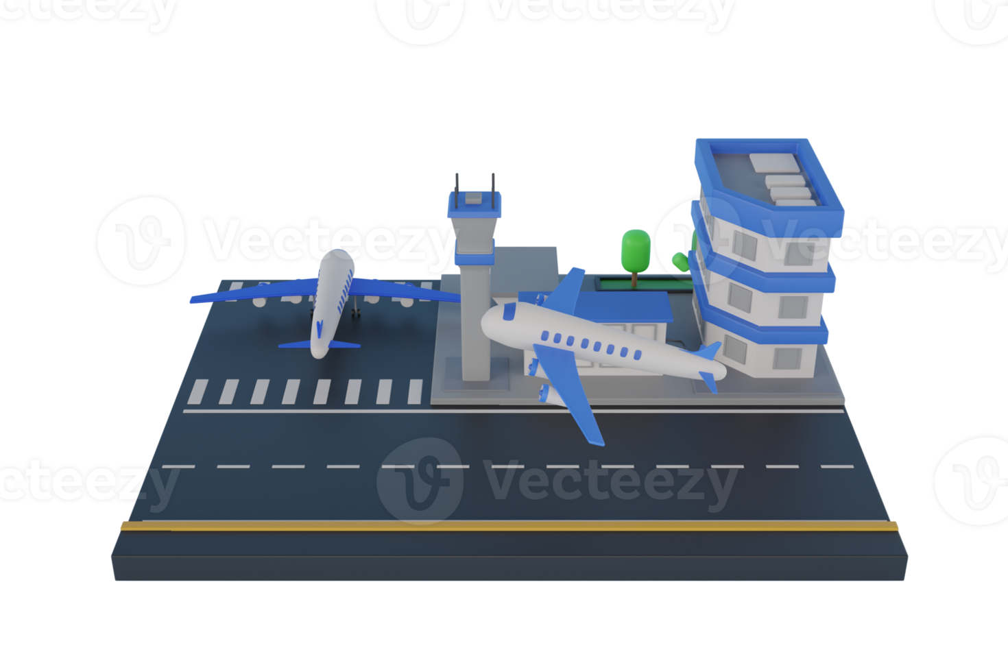 3d luchthaven terminal infrastructuur.geparkeerd vliegtuigen met instappen bruggen, post- onderhoud vliegtuig bezig met laden, vliegtuig Aan de landingsbaan, vliegtuig onderhoud hangars, luchthaven machines. 3d renderen png