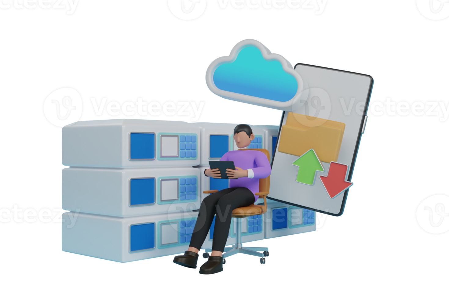 3D Cloud computing technology. Cloud storage download. Digital service or app with data transfering. Online computing technology. 3d servers and datacenter connection network. png