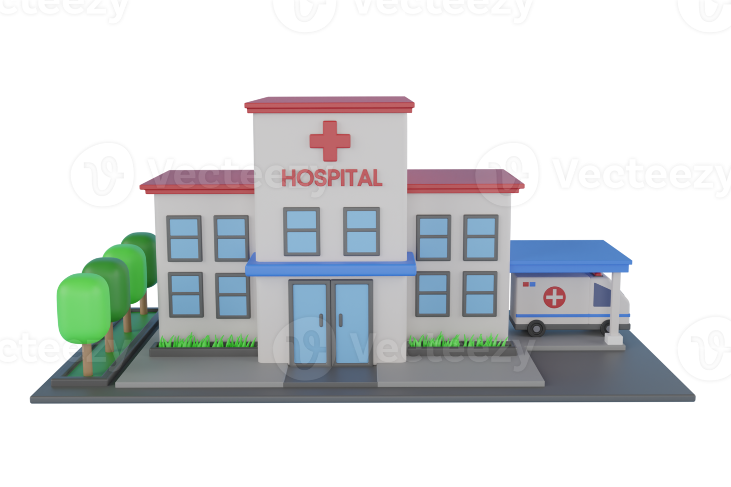 Hospital Building Isolated. Front view on a modern hospital building and surrounding area on a piece of ground, 3d illustration png