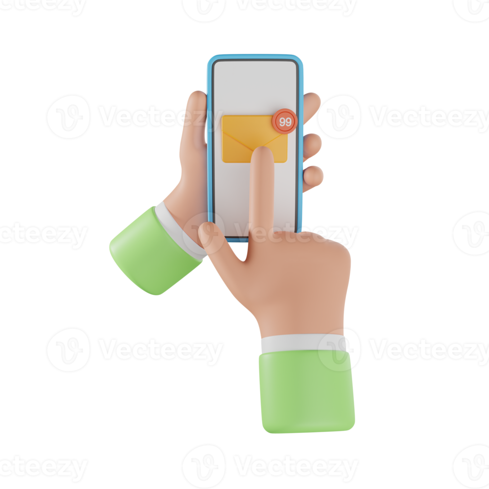 3d email envelope icon with notification new message in hand holding smartphone. newsletter message in mobile concept . 3d email newsletter with letter paper icon . 3d rendering png
