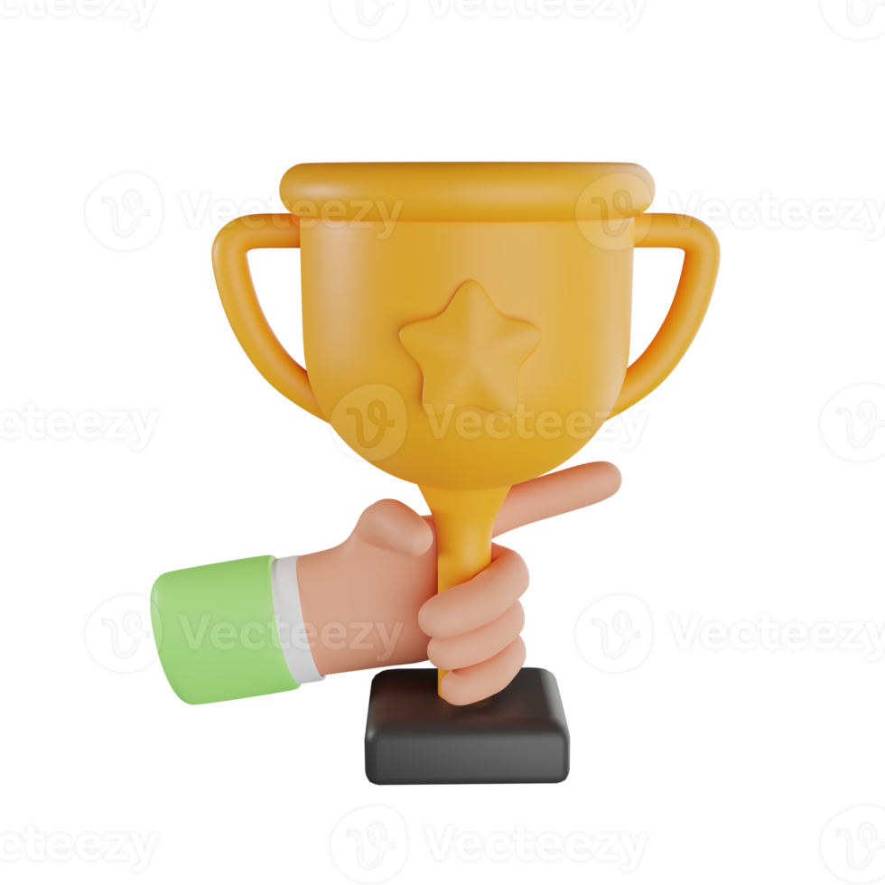 3D Hand holding Trophy cup. 3d trophy cup in hand icon. 3d celebrate winners with golden cup, prize winners stars in holding hand. 3d rendering png