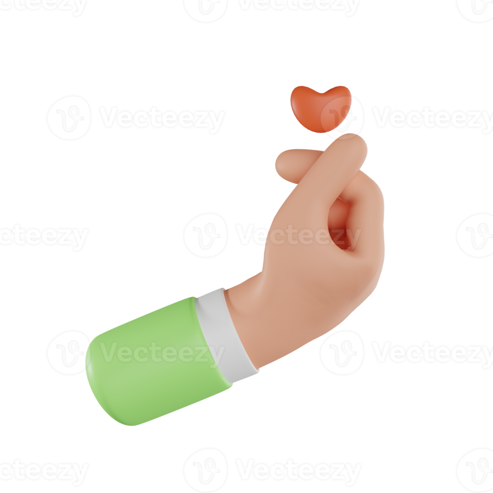 3D Rendering Hand Gesture Represents the Finger Heart Symbol. Cartoon character hand holding red heart. a Message of Love. 3d rendering png
