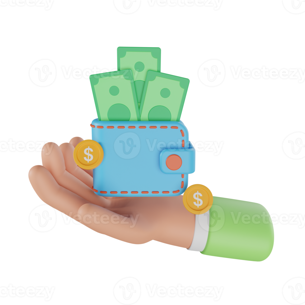 3d mano Tenere portafoglio. Tenere i soldi portafoglio nel attività commerciale mano concetto. finanza, investimento, i soldi Salvataggio su mano isolato . 3d interpretazione png