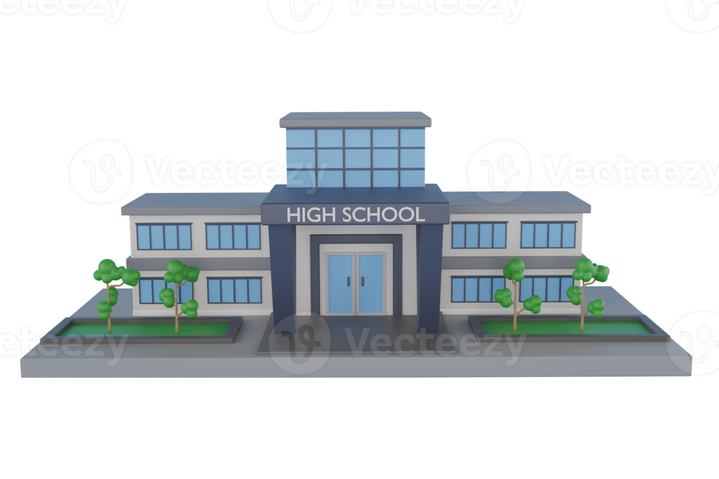 3D School building isolated. Front view on a classical school building on a piece of ground. 3d illustration png