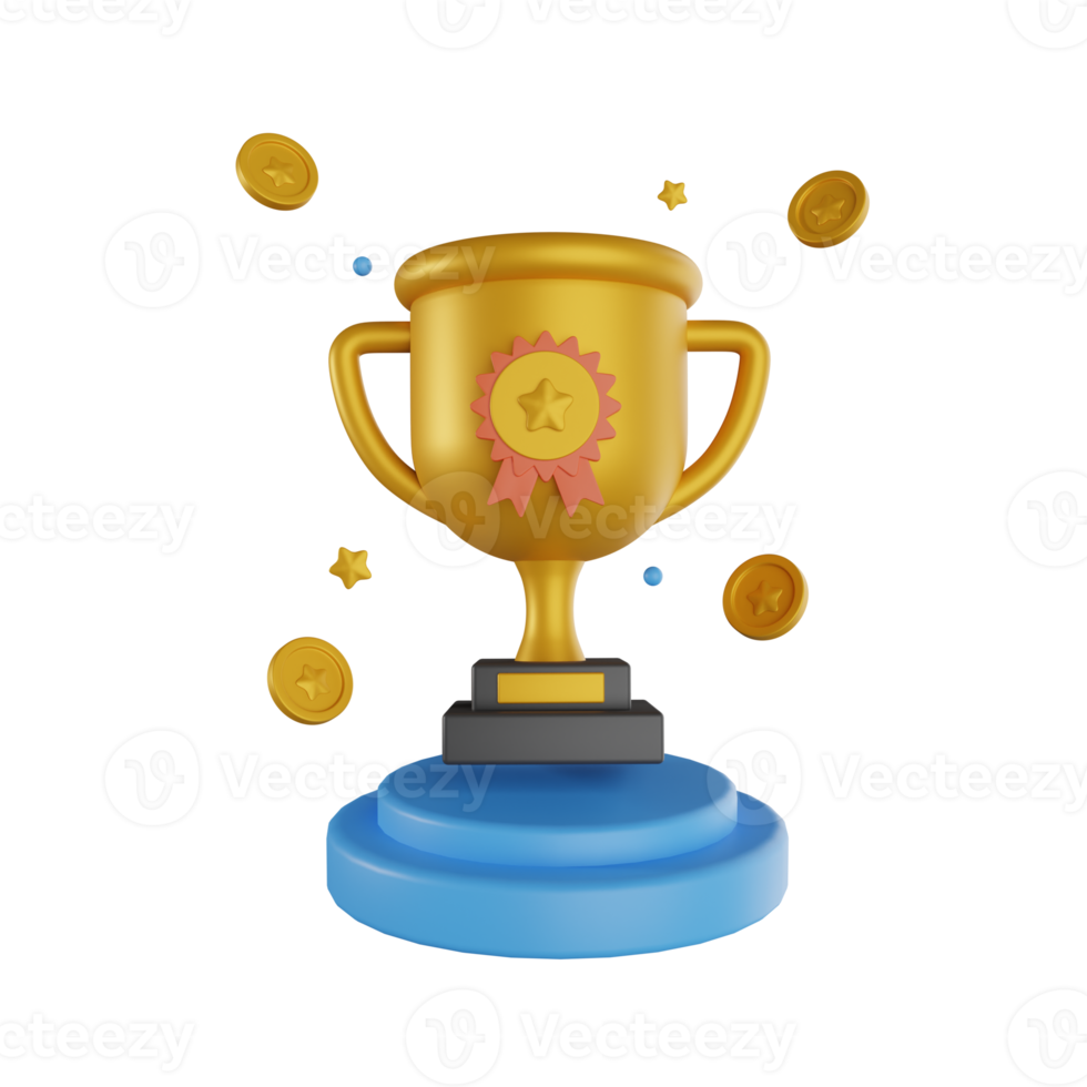 3d winners with golden cup, gold winners stars on podium background. 3d trophy icon png