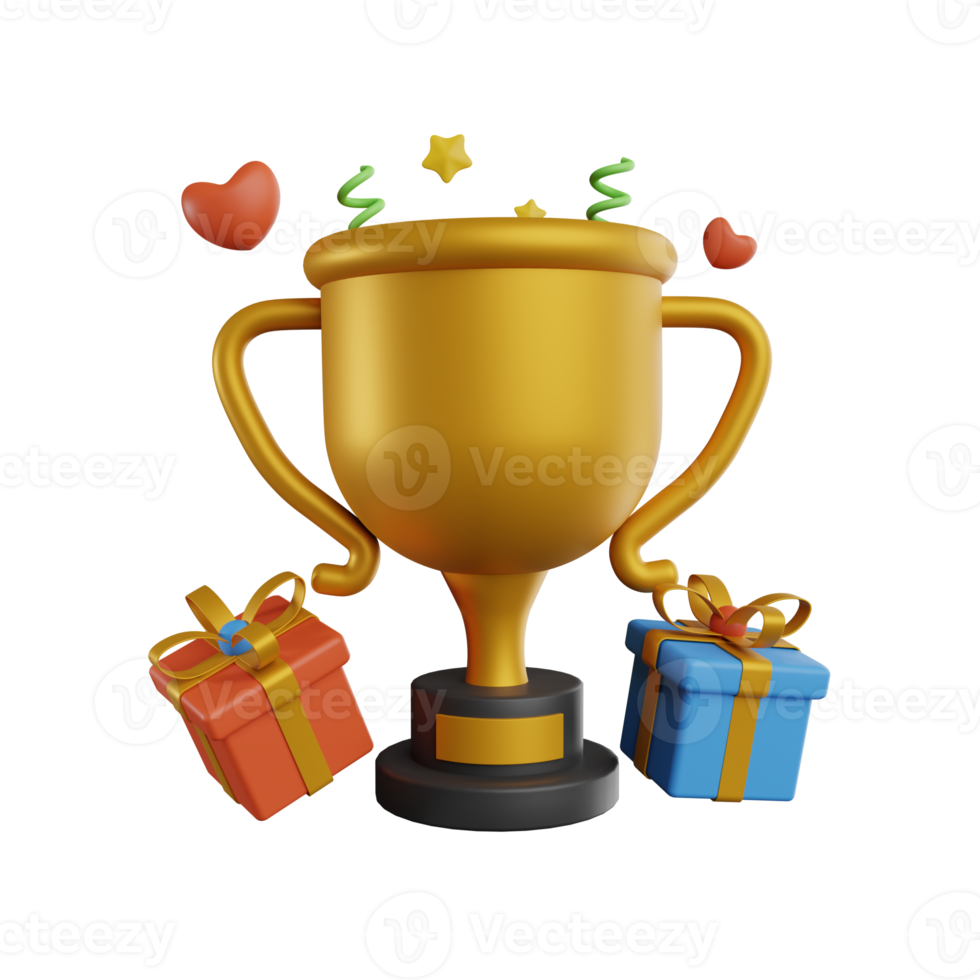 3d Trophäe Tasse mit Geschenk Kisten und vergeben Medaille. Gewinner mit Preis- und golden Tasse. 3d Rendern png