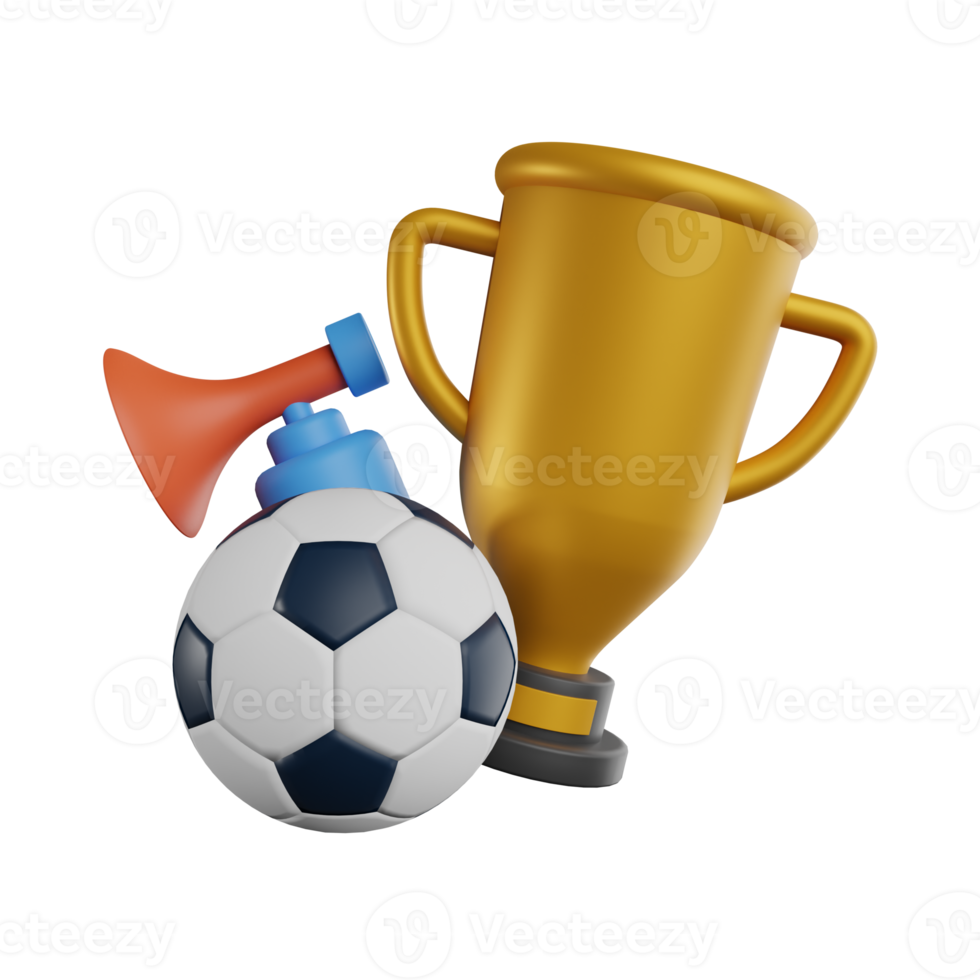 3d trofeo tazza e calcio sfera. 1 ° posto premio.calcio gioco e oro ricompensa. vincitore concetto. mondo tazza. 3d interpretazione png