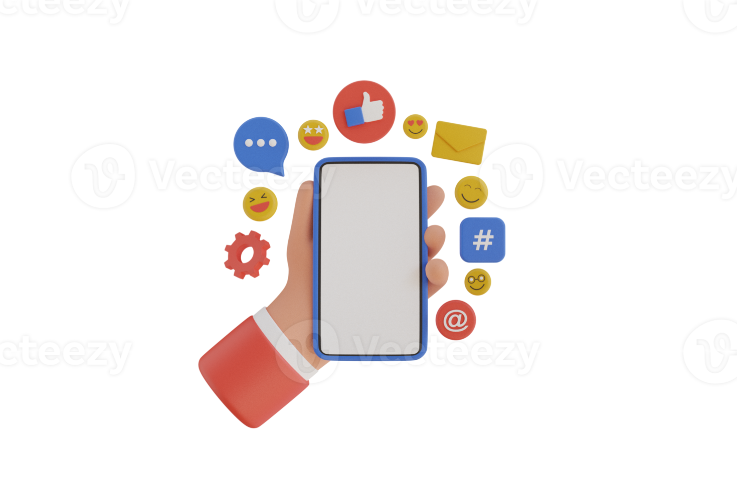 3D Hand holding phone with emoji, comment, love, like and hashtag icon. 3D Online Social media communication platform concept. 3d rendering png