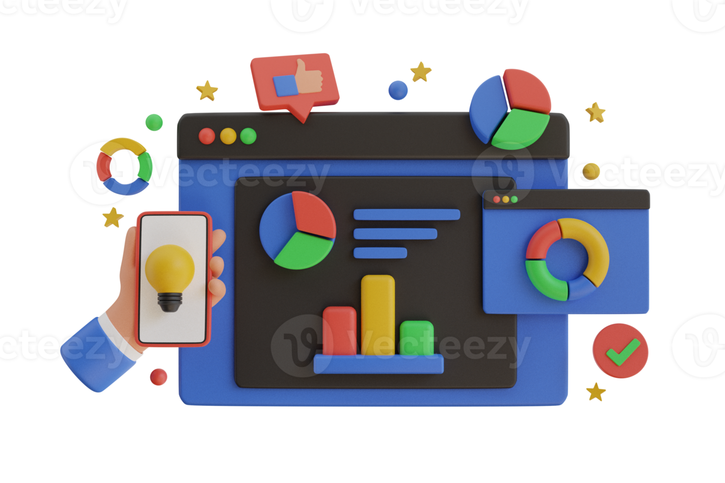 3D Interface for analytics strategy and social media research planing. 3D SEO optimization with search bar for marketing social media website on laptop concept. 3d rendering png