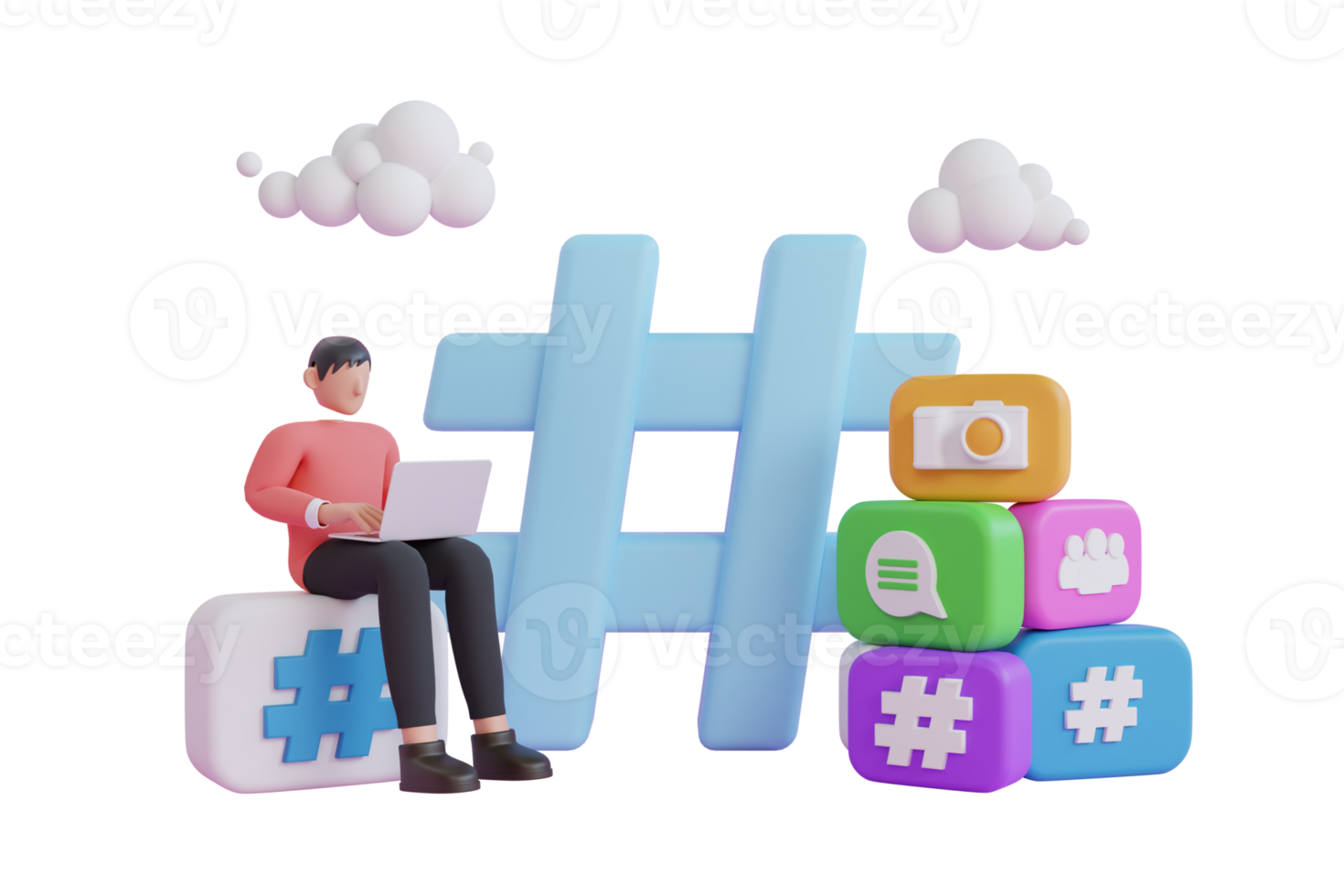 3D hashtag search link symbol on social media notification icon. Man with hashtag sign. 3d character social network modern communication with hashtag sign. 3d rendering png