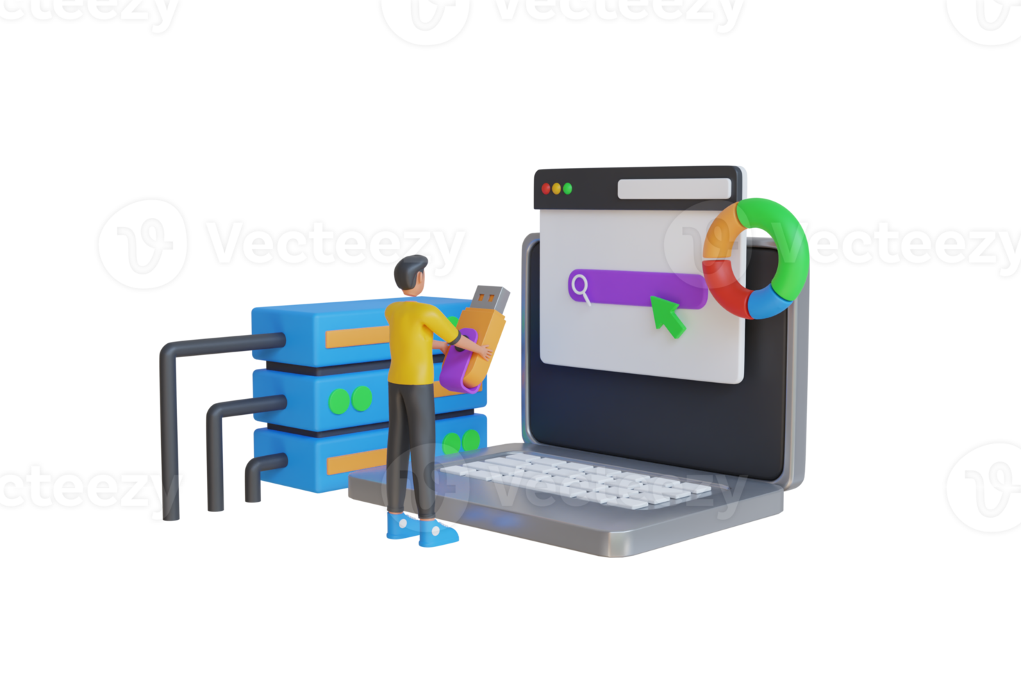 3D Illustration of Searching files in database. Search of documents in business archive. Concept of online database and storage. 3D rendering png