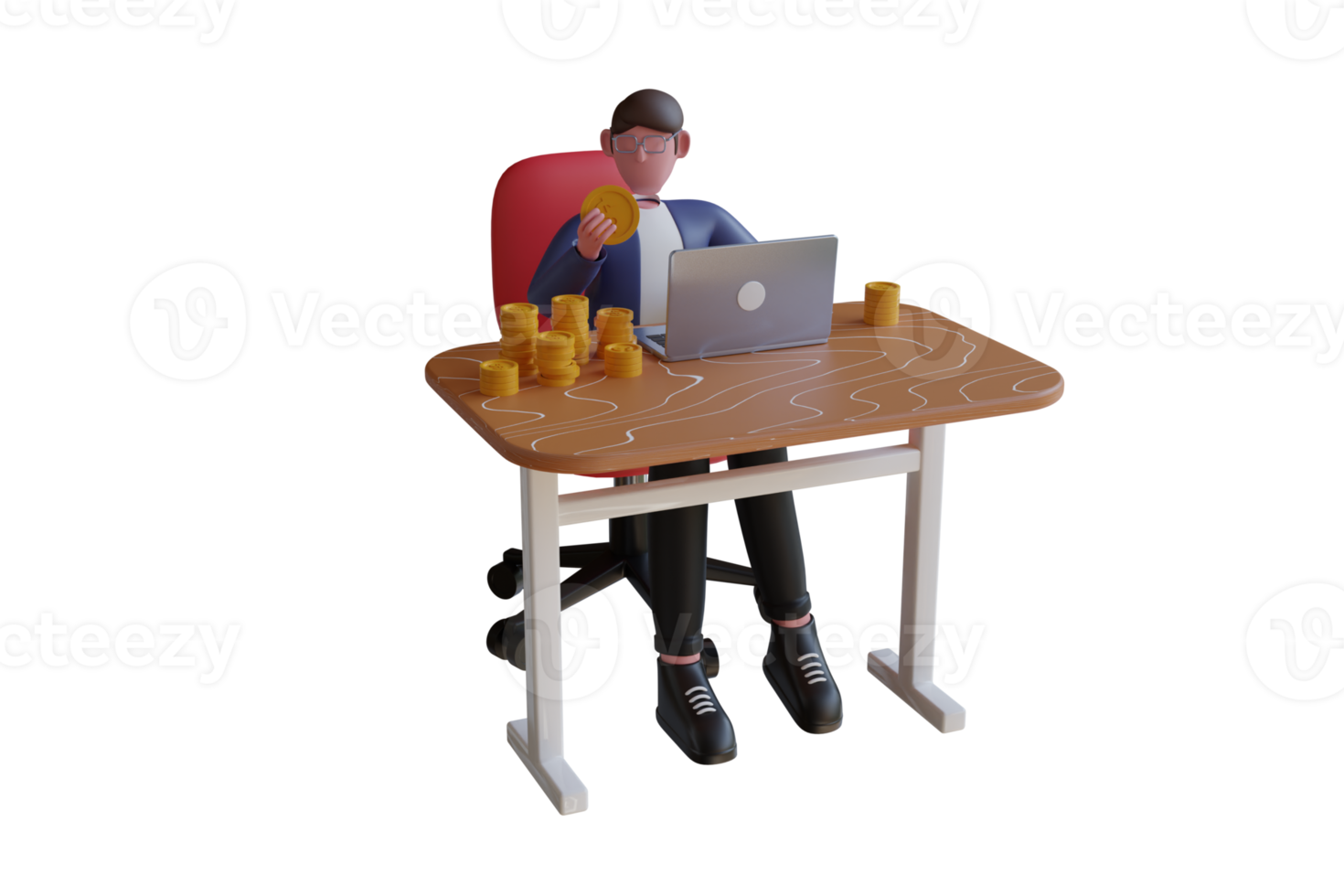 3d illustratie van zakenman met laptop en reusachtig stack van goud munten. tekenfilm zakenman, geslaagd investeerder. financieel overleg plegen, spaargeld concept. 3d illustratie png