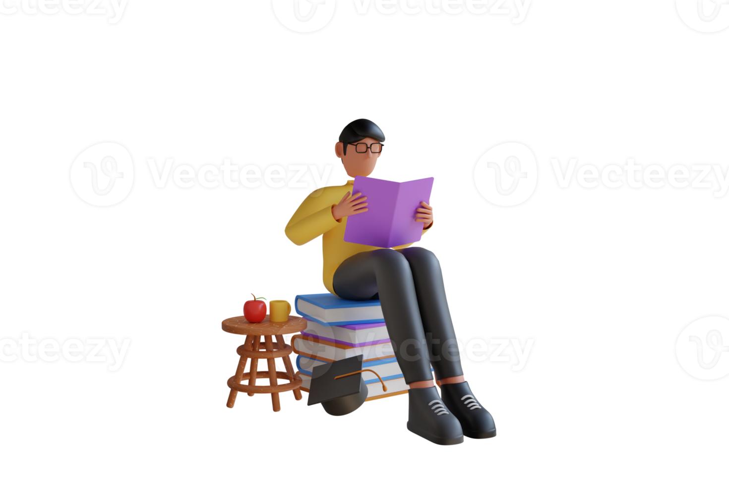 3D Illustration of reading books. boy reading a book. Study and education concept.Exam Preparation.  3d illustration png
