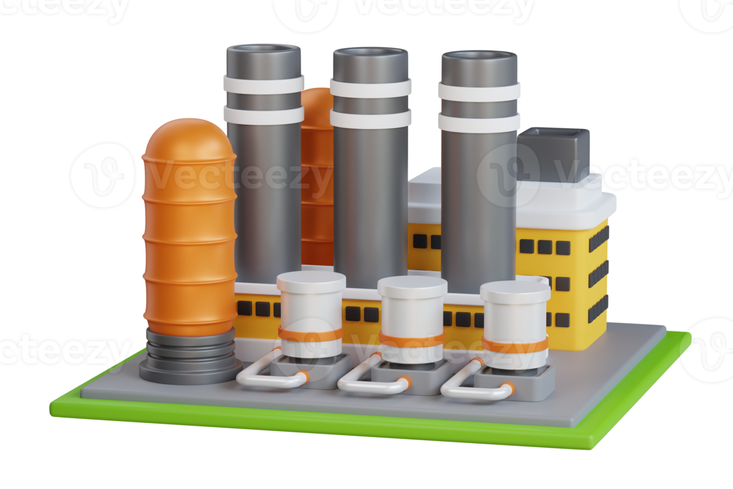 3D Illustration of industrial working plants with chimney tower. Industrial buldings. factory building illustration with steam and cooling system png