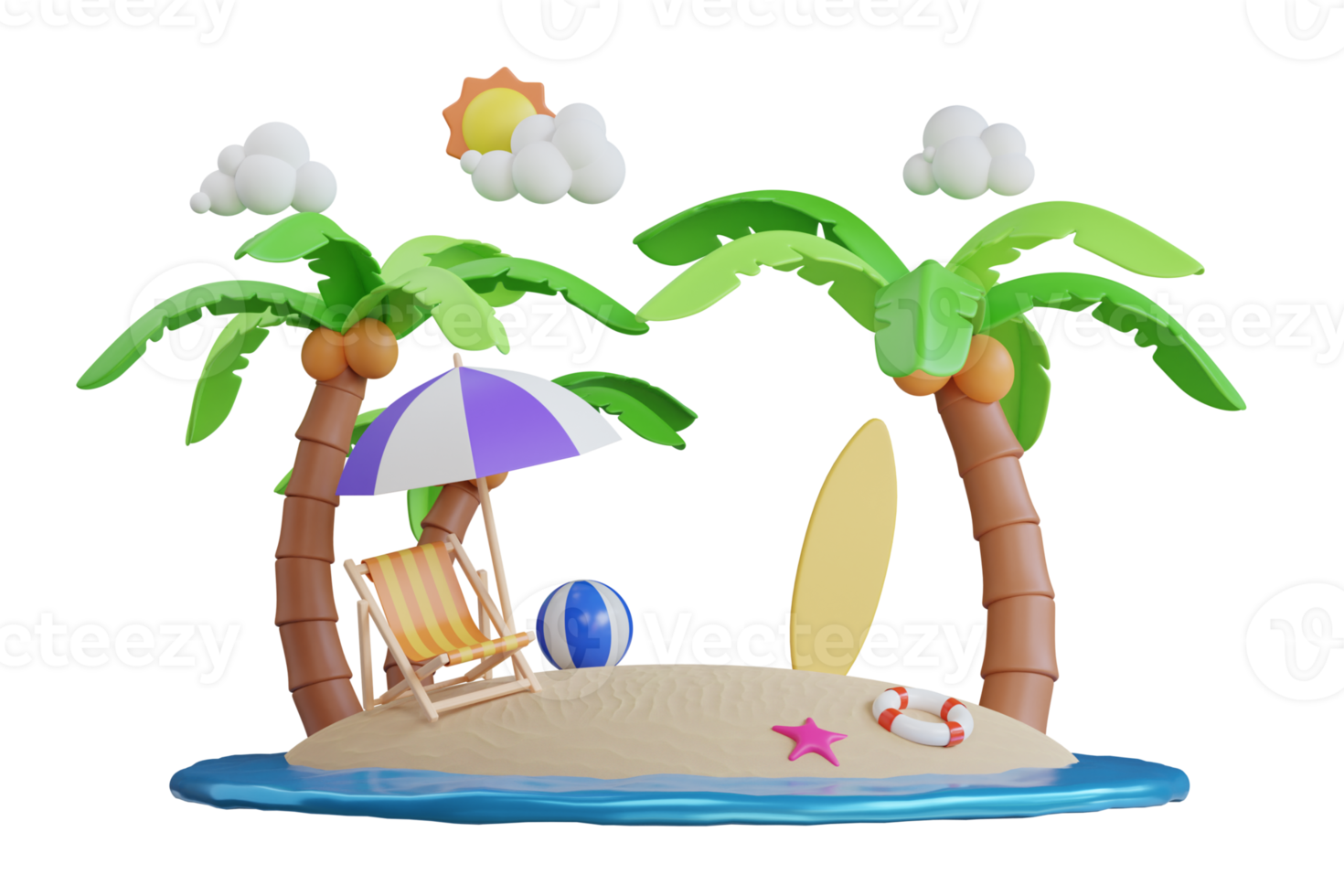 3d rendering of summer vacation concept.Summer vacation island on the sea. Summer and travel vacation concept with beach chair and umbrella. 3d illustration png