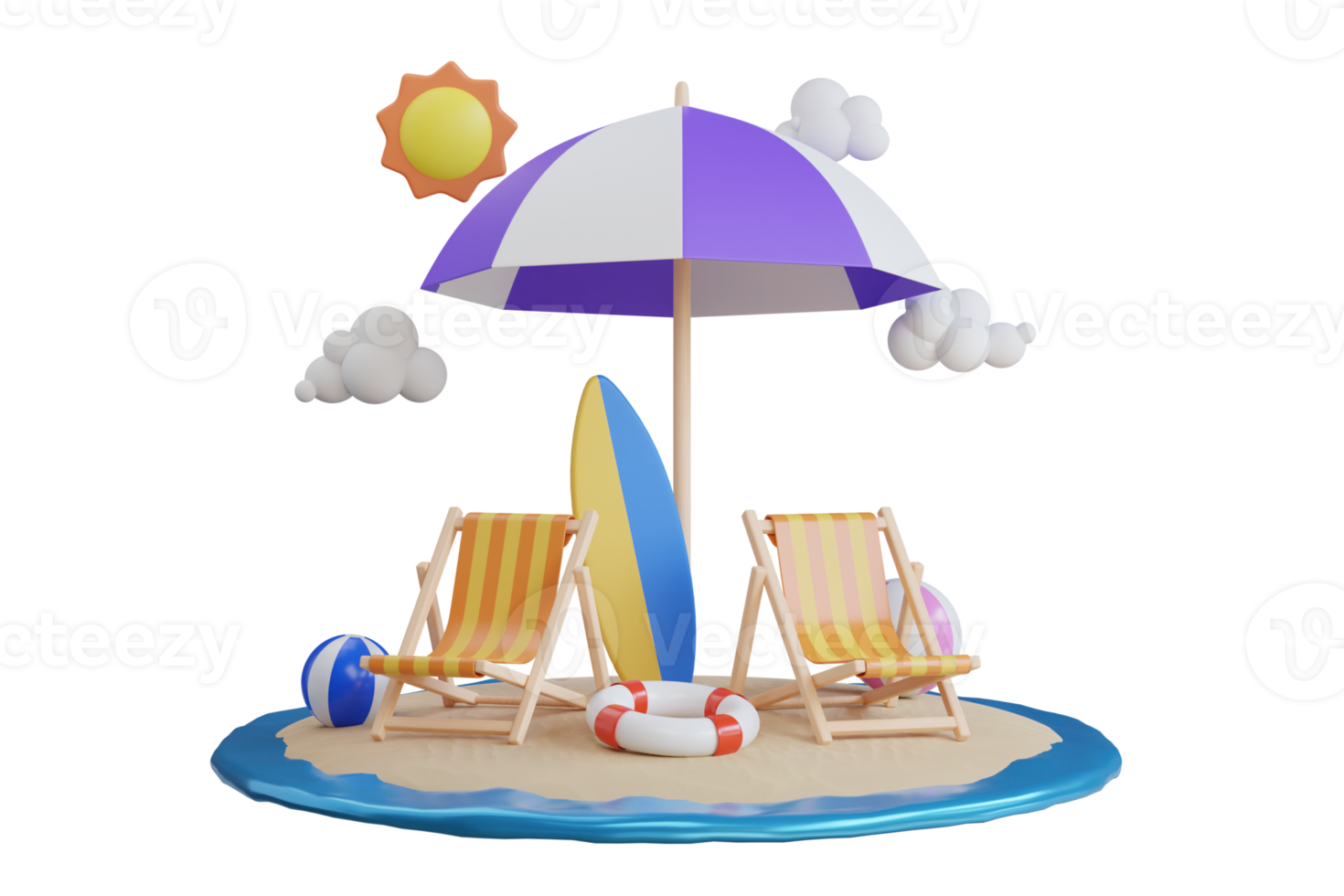 verão e viagem período de férias conceito com de praia cadeira e guarda-chuva. verão período de férias conceito. horário de verão fundo. 3d ilustração png