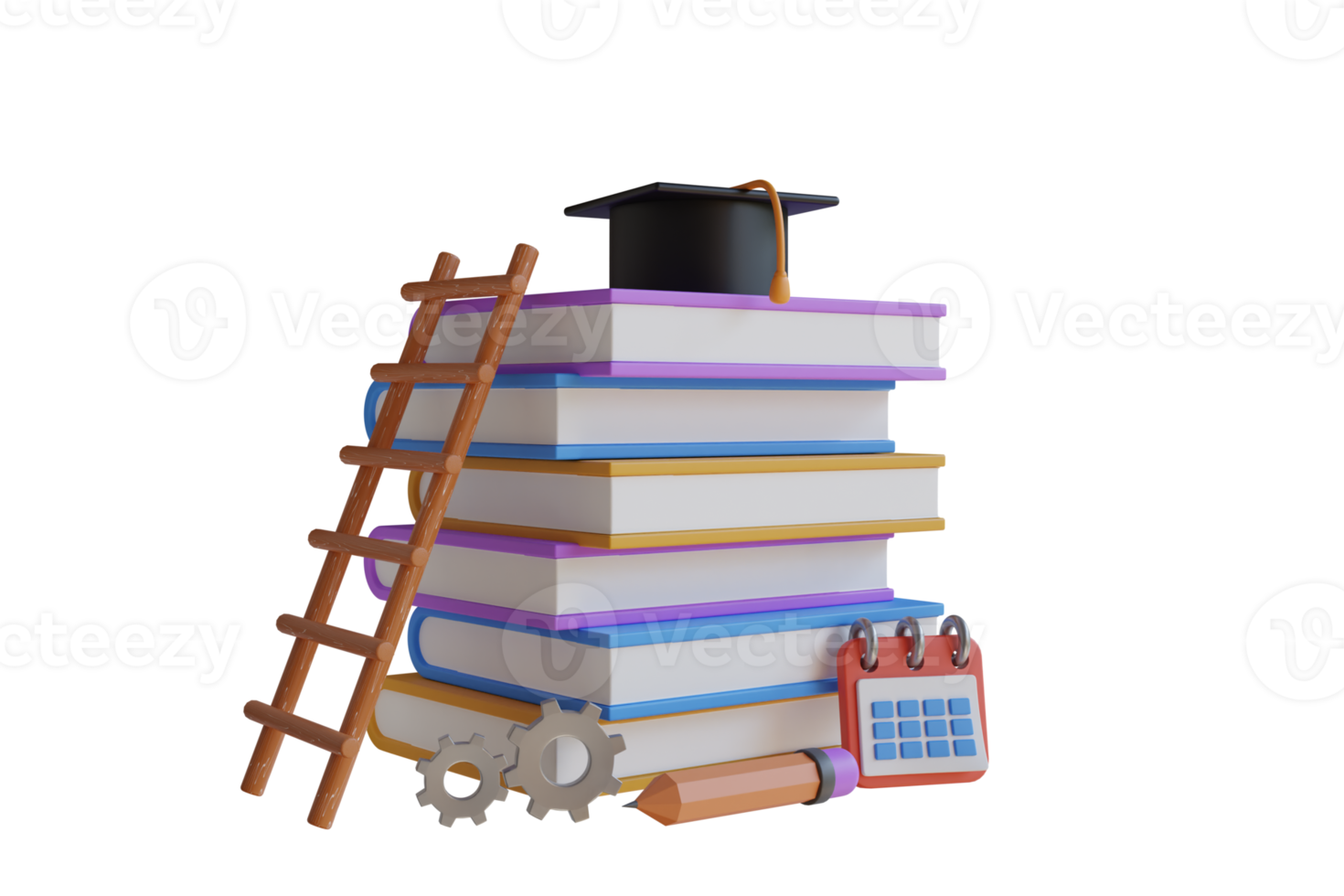 3d illustration de tas de livres pour en train d'étudier et échelle de premier plan à l'obtention du diplôme casquette. grand empiler de livres et une échelle de premier plan en haut à eux. 3d illustration png