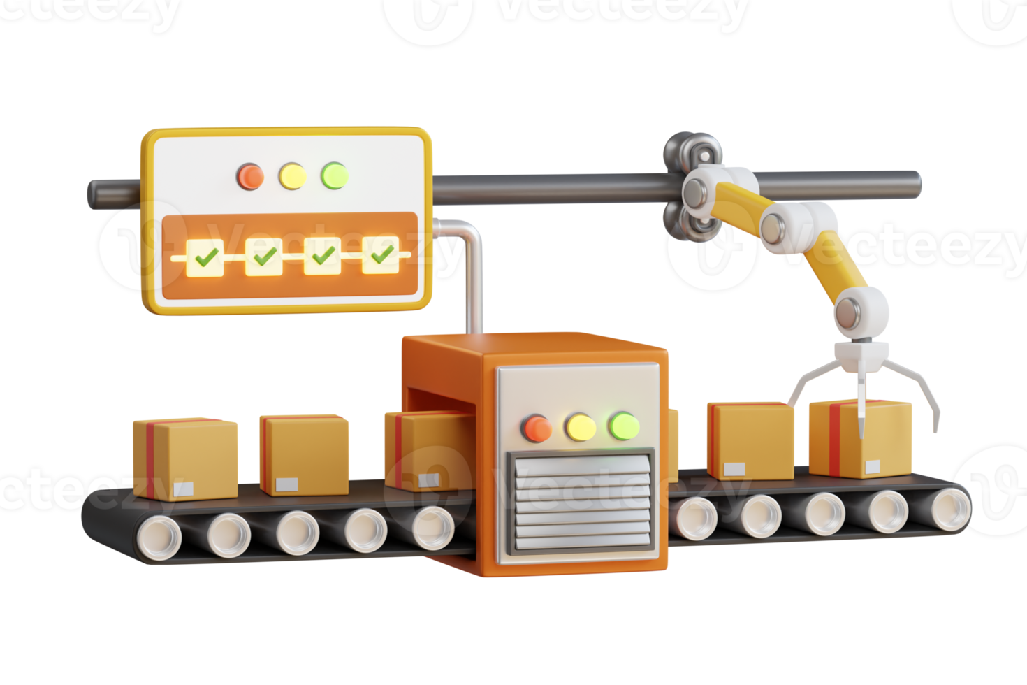 robotique production ligne concept. automatisation fabrication robot maîtrisé par industrie ingénierie en utilisant iot Logiciel connecté à l'Internet réseau. 3d illustration png