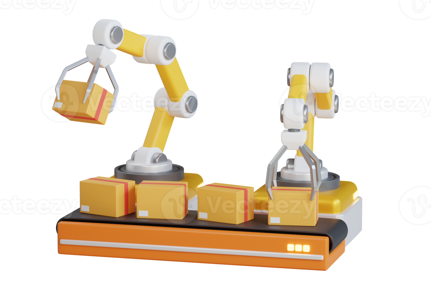3D Illustration of factory machine with conveyor and engineering robot arm sorting yellow box. Technology of modern industrial manufacture at automatic conveyor belt of factory line. png