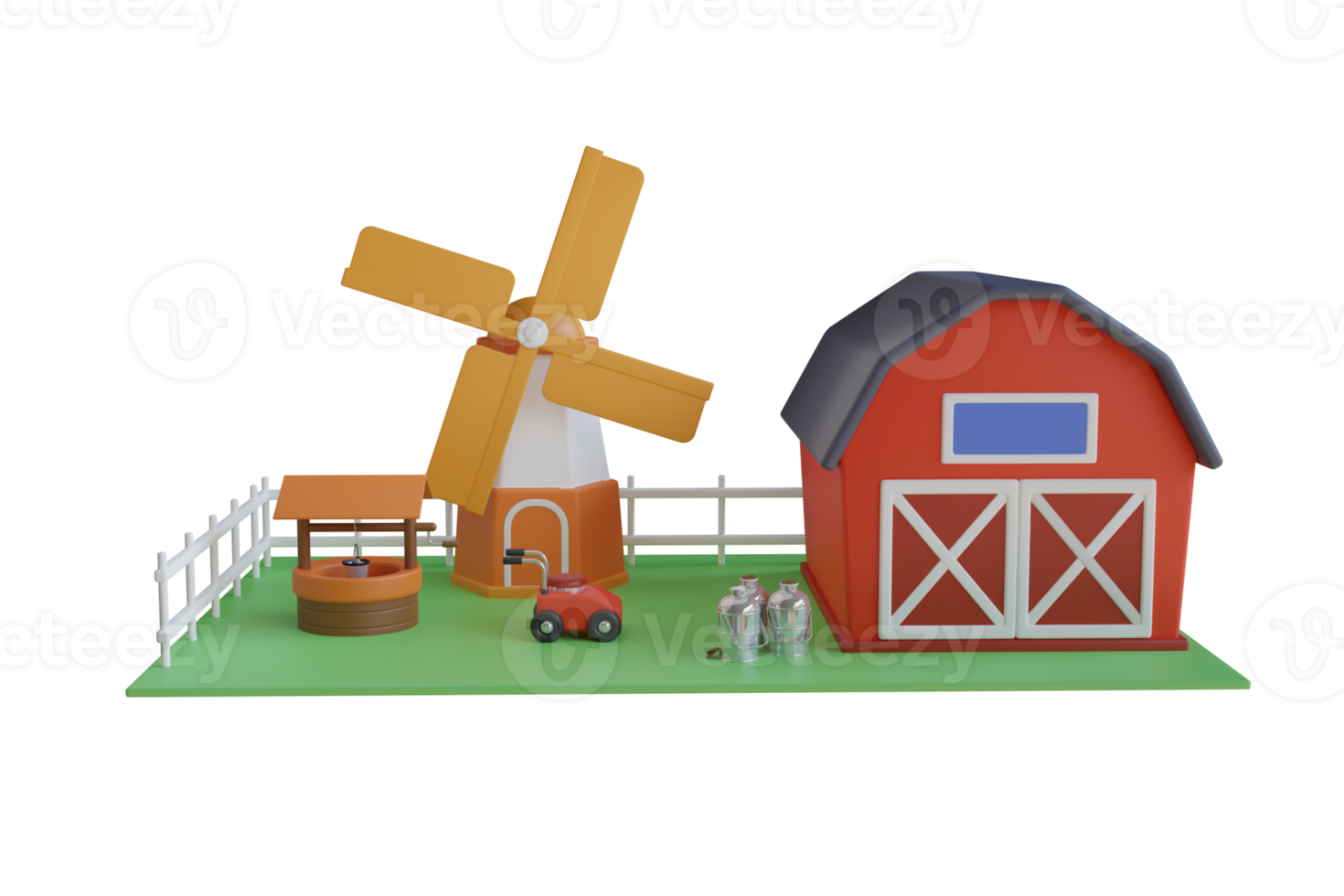3D Illustration of rural farm buildings. windmill and barn. Countryside barn warehouse storage. agricultural farm buildings, windmill barn and silo sheds hay garden beds and tractor. png
