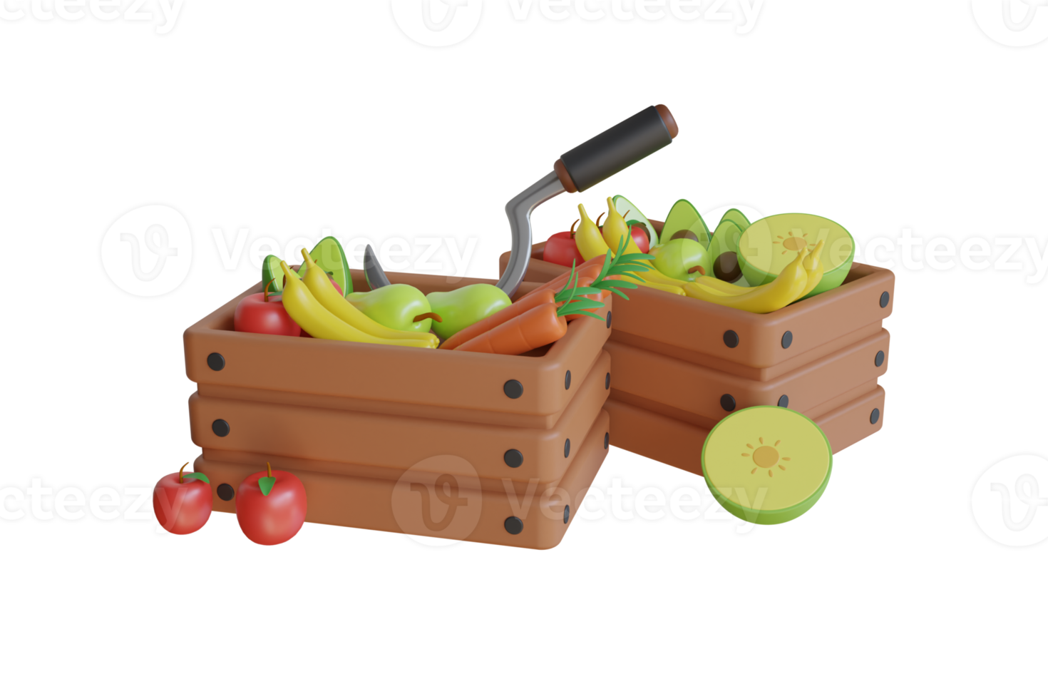 3d ilustración de cosecha frutas vegetales y frutas diferente tipo de almacenamiento. cosecha frutas en un cesta. 3d ilustración png