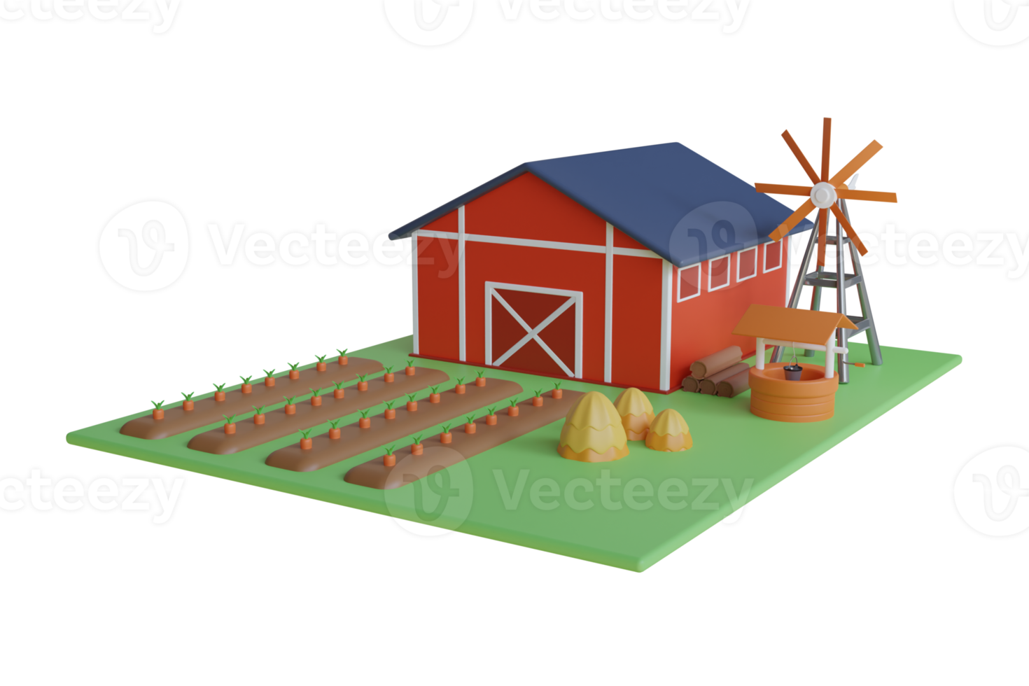 3D Illustration of a farm village. rural farm buildings,windmill and barn. 3D Illustration of carrot field png